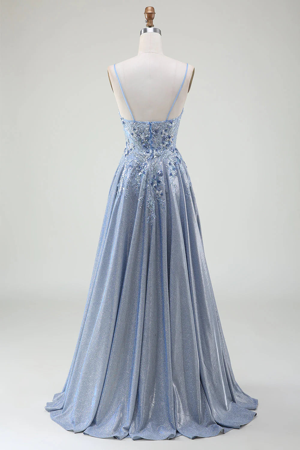 Glitter Grey Blue A-Line Spaghetti Straps Long Prom Dress With Sequins