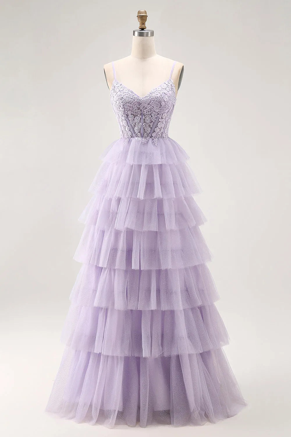 Glitter Lilac A Line Sweetheart Neck Spaghetti Strap Lace Up Back Tiered Tulle Floor - Length Prom Dress
