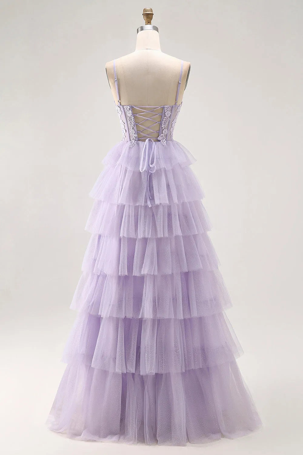 Glitter Lilac A Line Sweetheart Neck Spaghetti Strap Lace Up Back Tiered Tulle Floor - Length Prom Dress