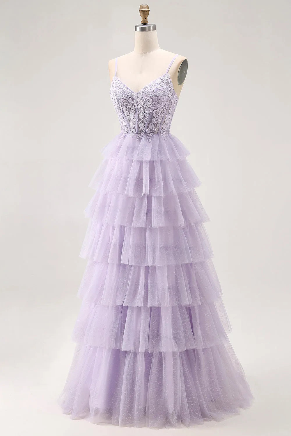 Glitter Lilac A Line Sweetheart Neck Spaghetti Strap Lace Up Back Tiered Tulle Floor - Length Prom Dress
