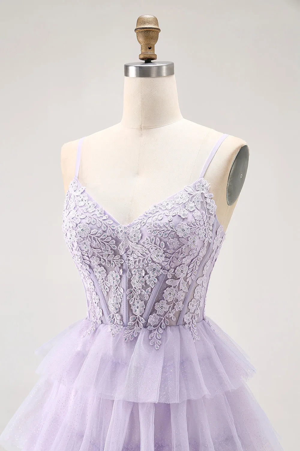 Glitter Lilac A Line Sweetheart Neck Spaghetti Strap Lace Up Back Tiered Tulle Floor - Length Prom Dress