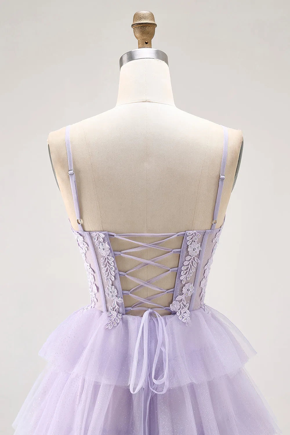 Glitter Lilac A Line Sweetheart Neck Spaghetti Strap Lace Up Back Tiered Tulle Floor - Length Prom Dress