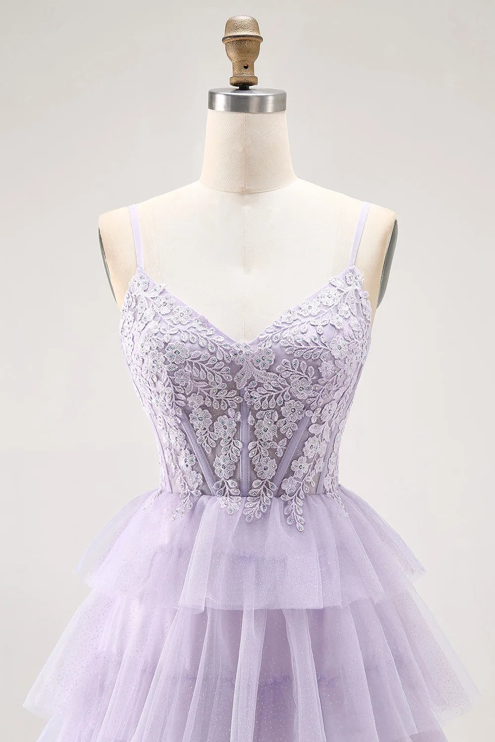 Glitter Lilac A Line Sweetheart Neck Spaghetti Strap Lace Up Back Tiered Tulle Floor - Length Prom Dress