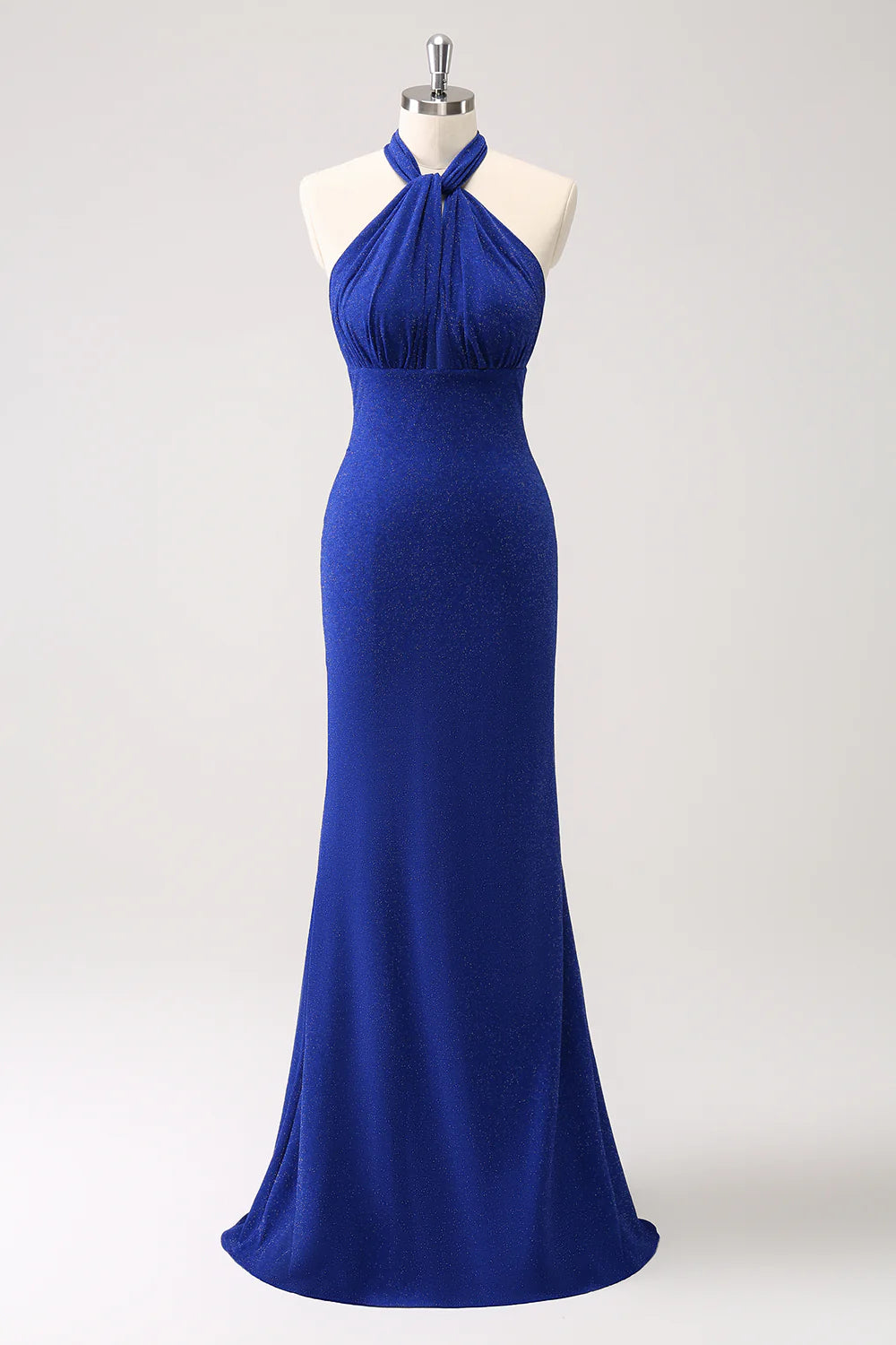 Glitter Mermaid Blue Halter Pleated Backless Long Prom Dress