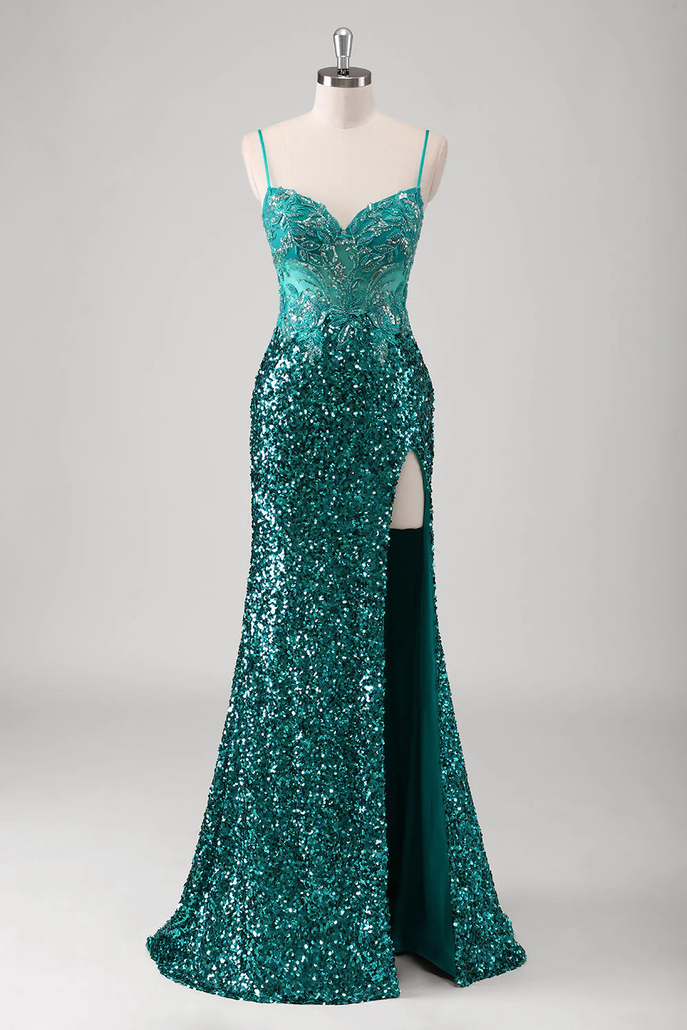Glitter Peacock Green Mermaid Spaghetti Straps Sequin Long Prom Dress With Slit