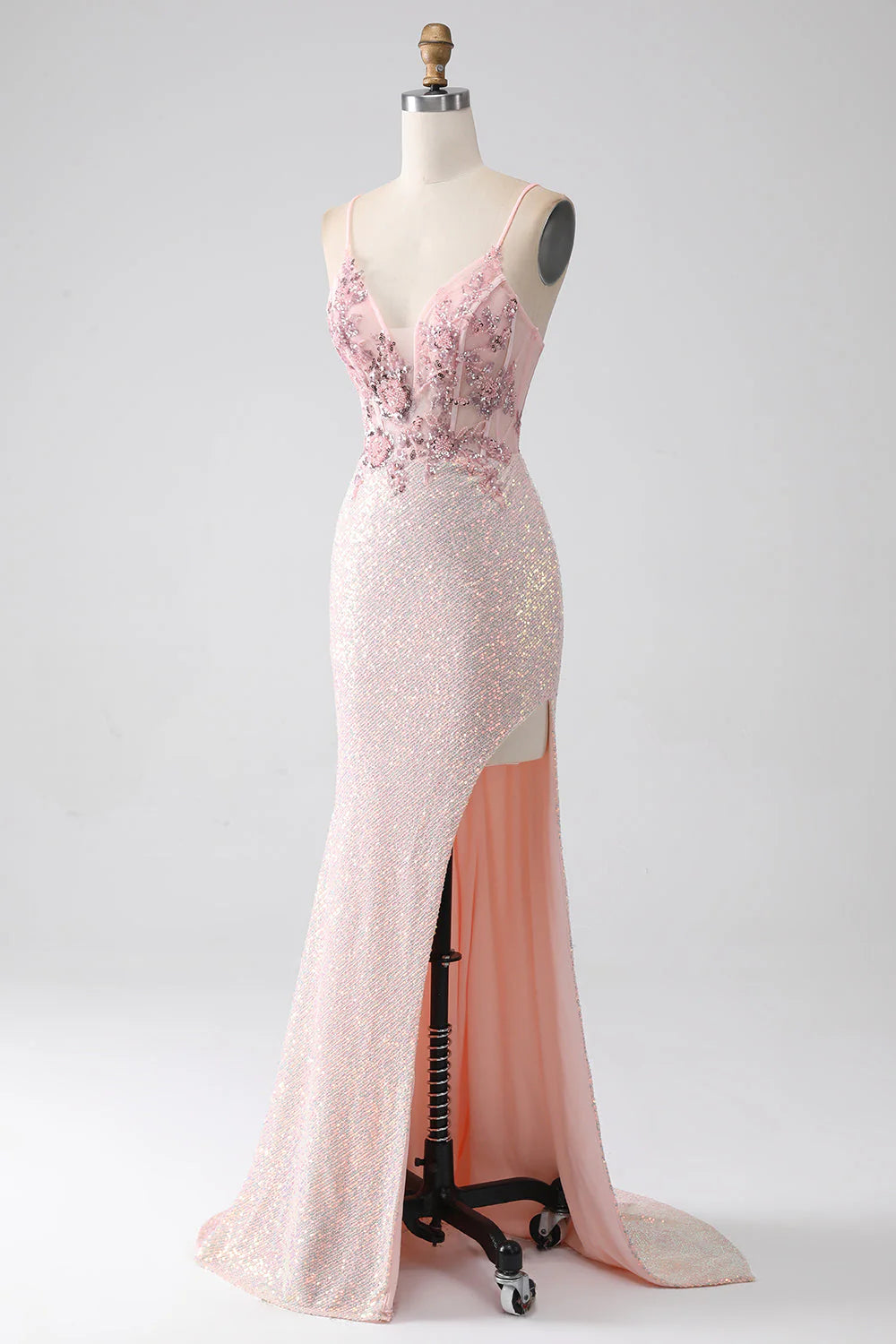 Glitter Pink Mermaid Spaghetti Straps Beaded Prom Dress with Slit