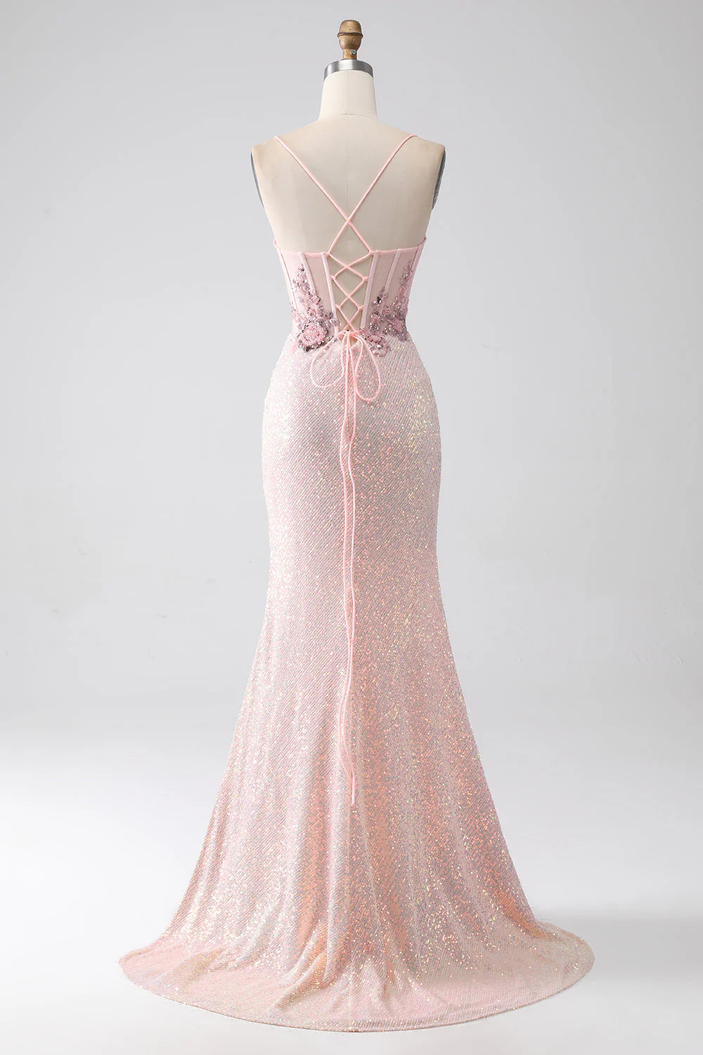 Glitter Pink Mermaid Spaghetti Straps Beaded Prom Dress with Slit