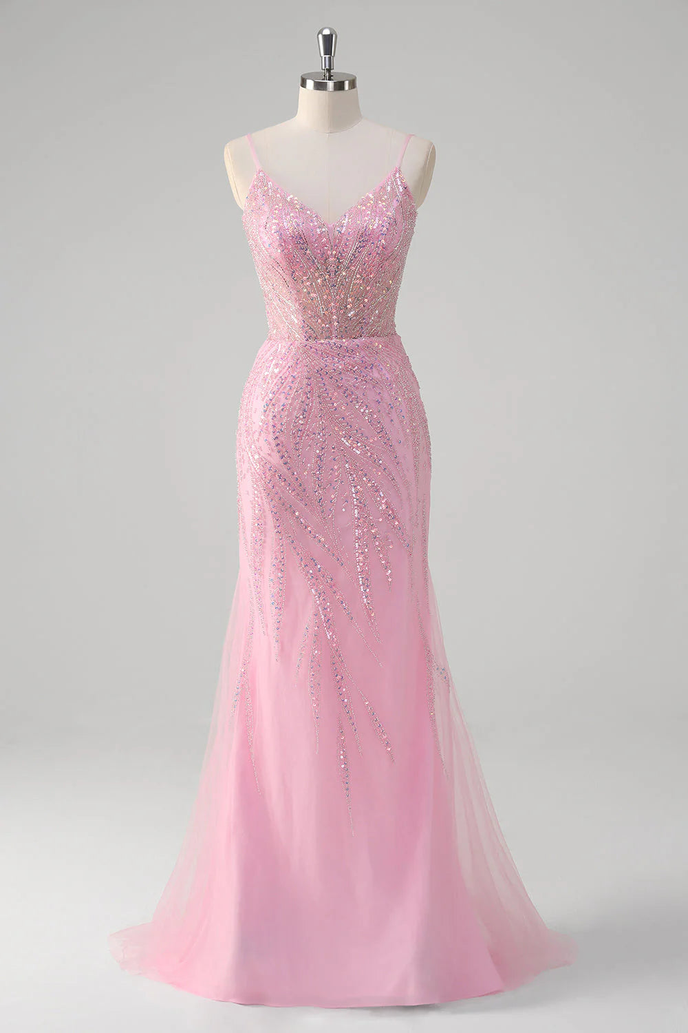Glitter Pink Mermaid Spaghetti Straps Corset Long Prom Dress with Sequins