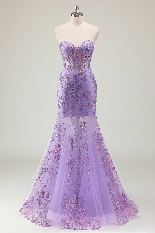 Glitter Purple Mermaid Sweetheart Corset Long Prom Dress with Appliques