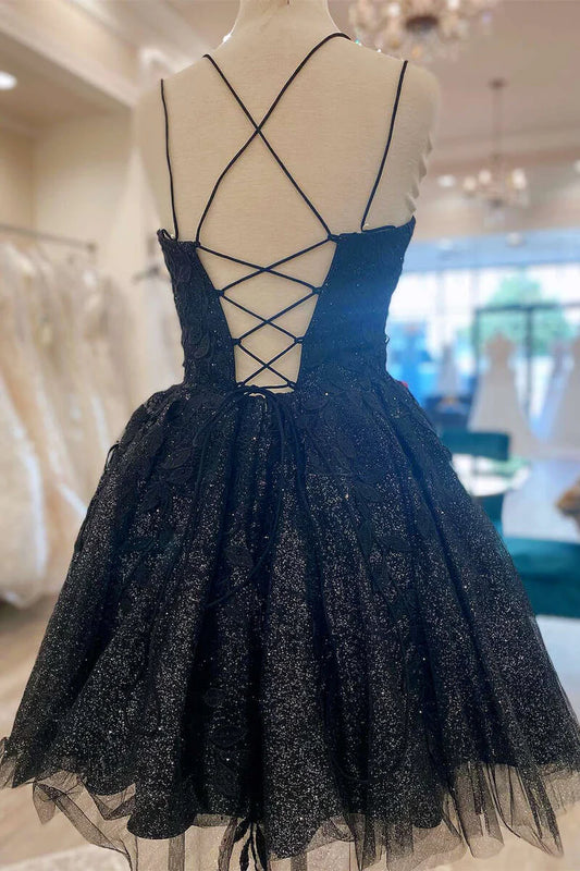Glitter Appliques Lace-Up A-Line Short Homecoming Dress