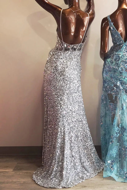 Glitter cut glass mirror long with slit ball gown