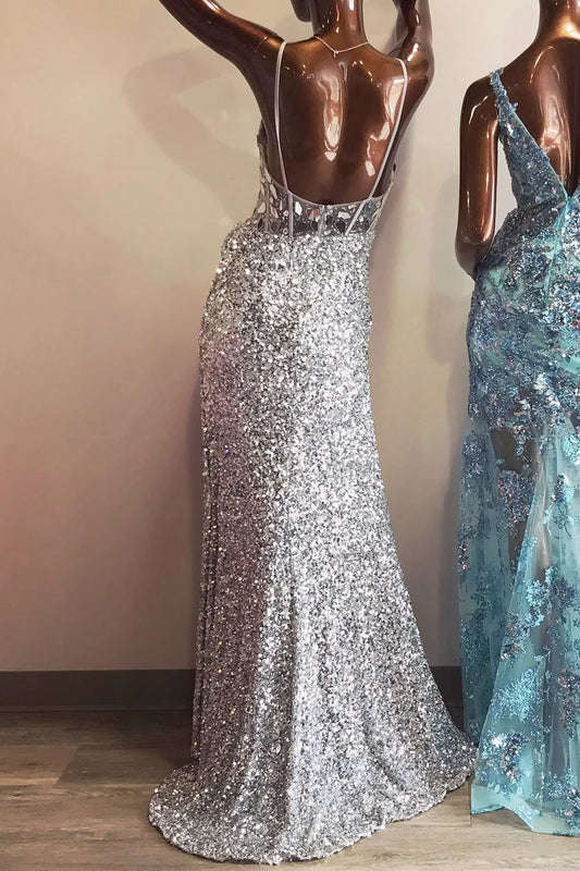 Glitter cut glass mirror long with slit ball gown