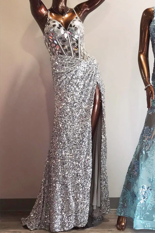 Glitter cut glass mirror long with slit ball gown