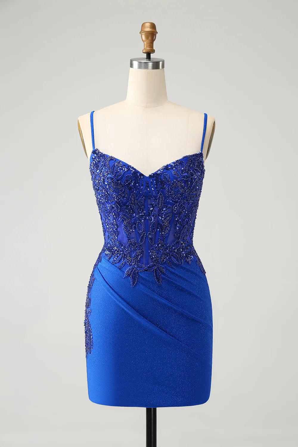 Royal blue glitter A-line strapless homecoming dress with corset bodice.