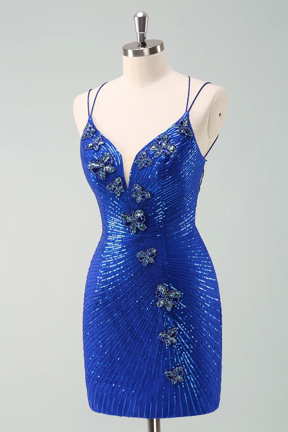 Full view of the royal blue strapless A-line dress, perfect for homecoming.