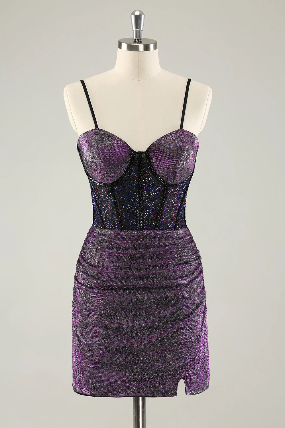 Dark purple glitter A-line short homecoming dress with pleated corset.
