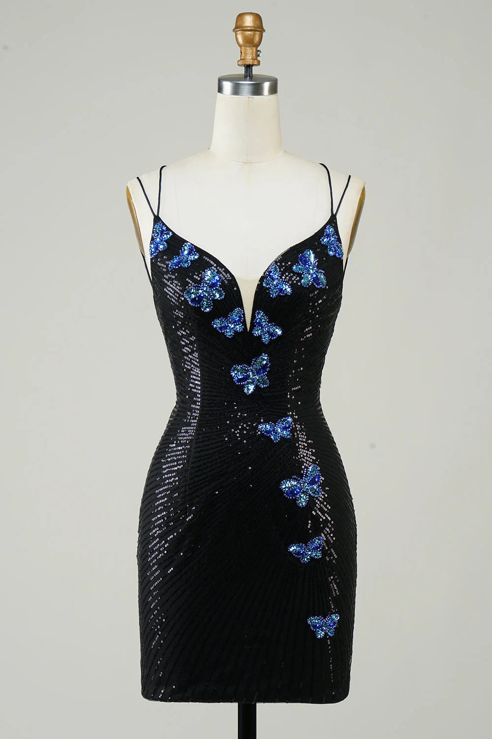 Black glitter tight homecoming dress with sequin butterflies, front view.