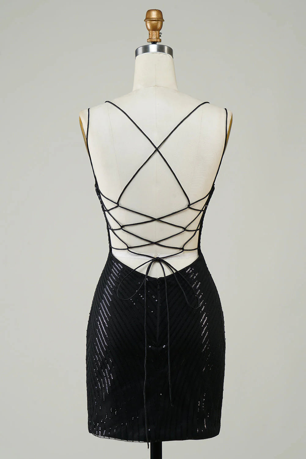 Black glitter tight homecoming dress with sequin butterflies, side view.