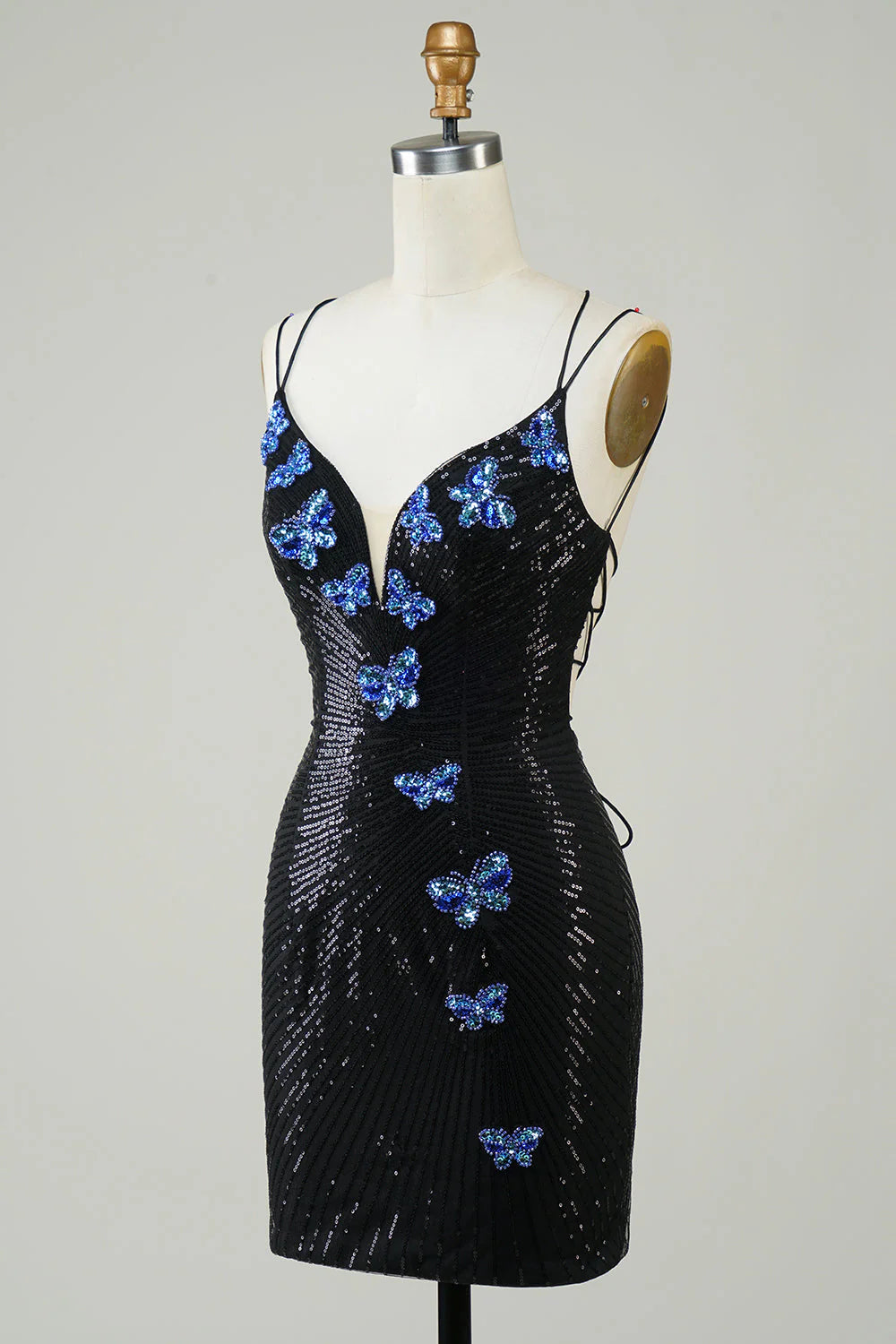 Black glitter tight homecoming dress with sequin butterflies, back view.
