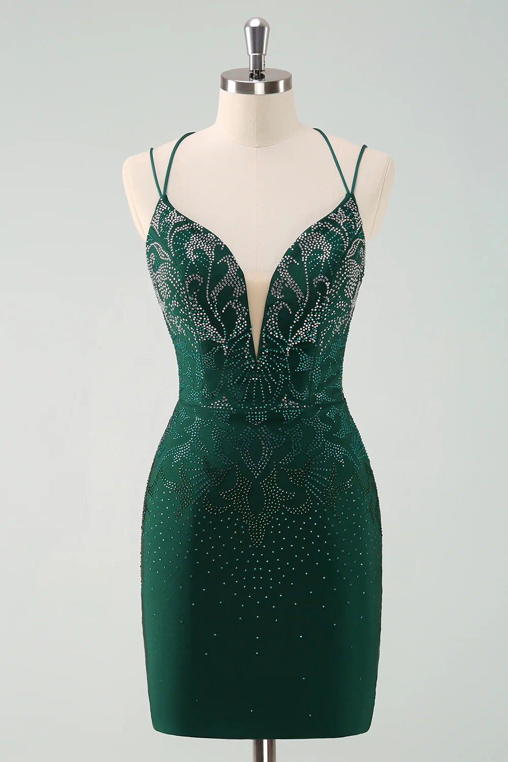 Dark green glitter strapless homecoming dress with lace-up back.