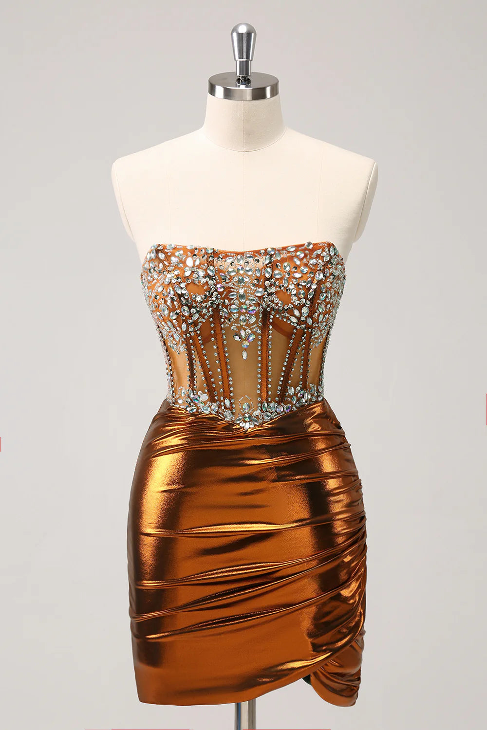 Front view of a glittering copper strapless corset short homecoming dress with beading.