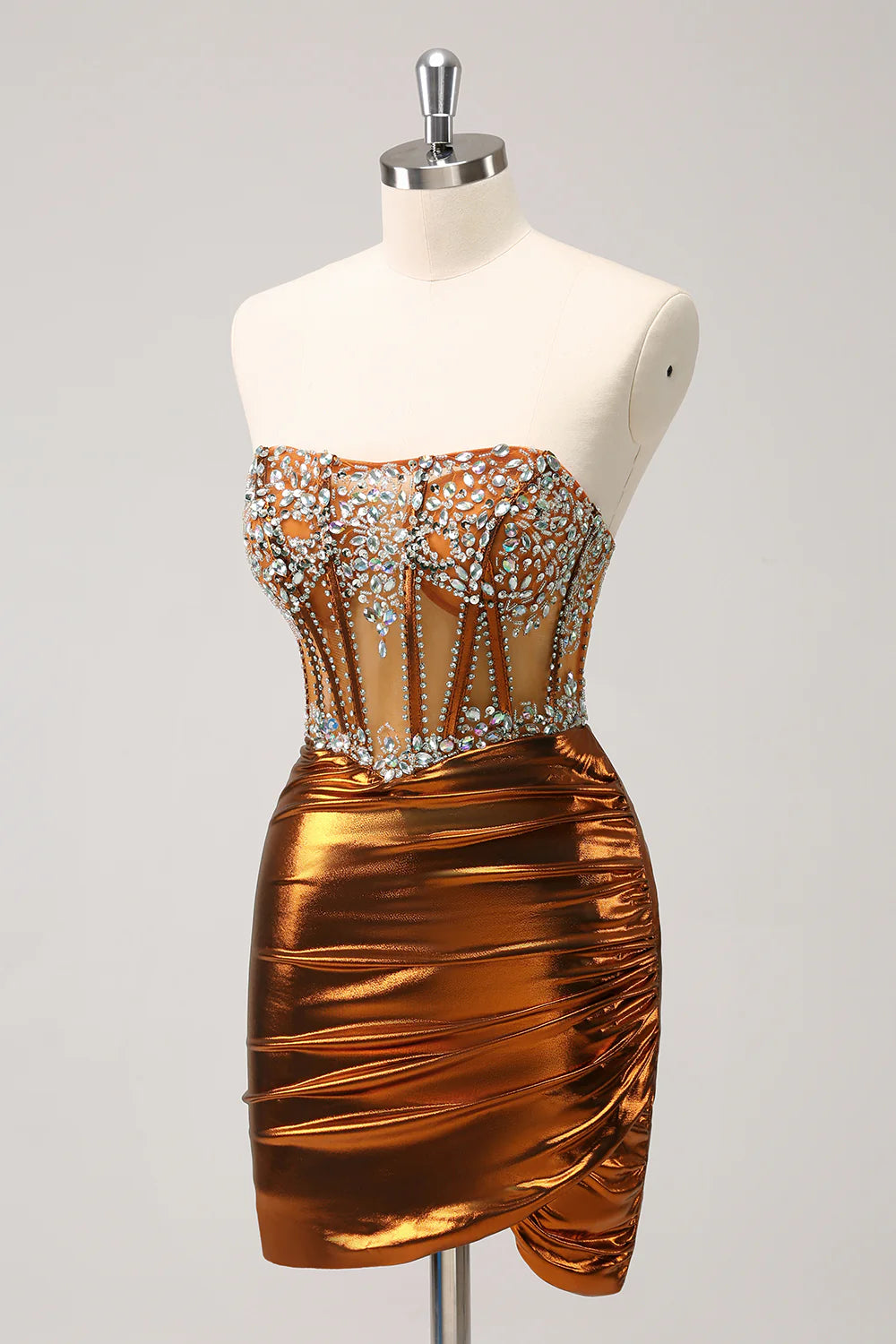 Back view of a glittering copper strapless corset short homecoming dress with beading.