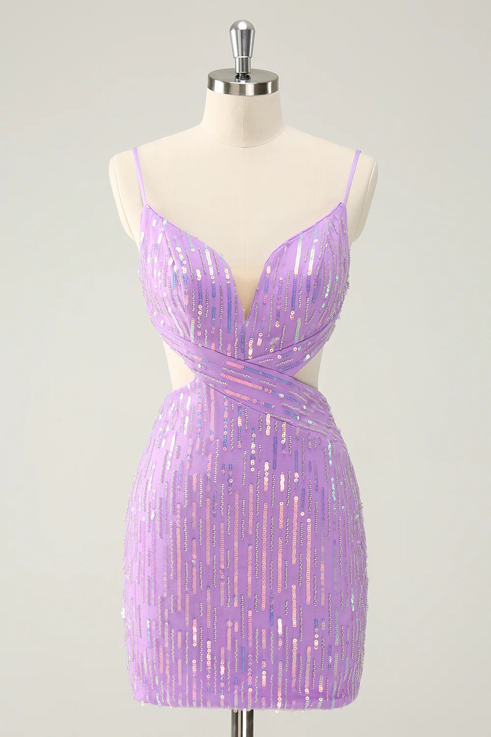 Glitter purple bodycon short homecoming dress with sequins and lace-up back.