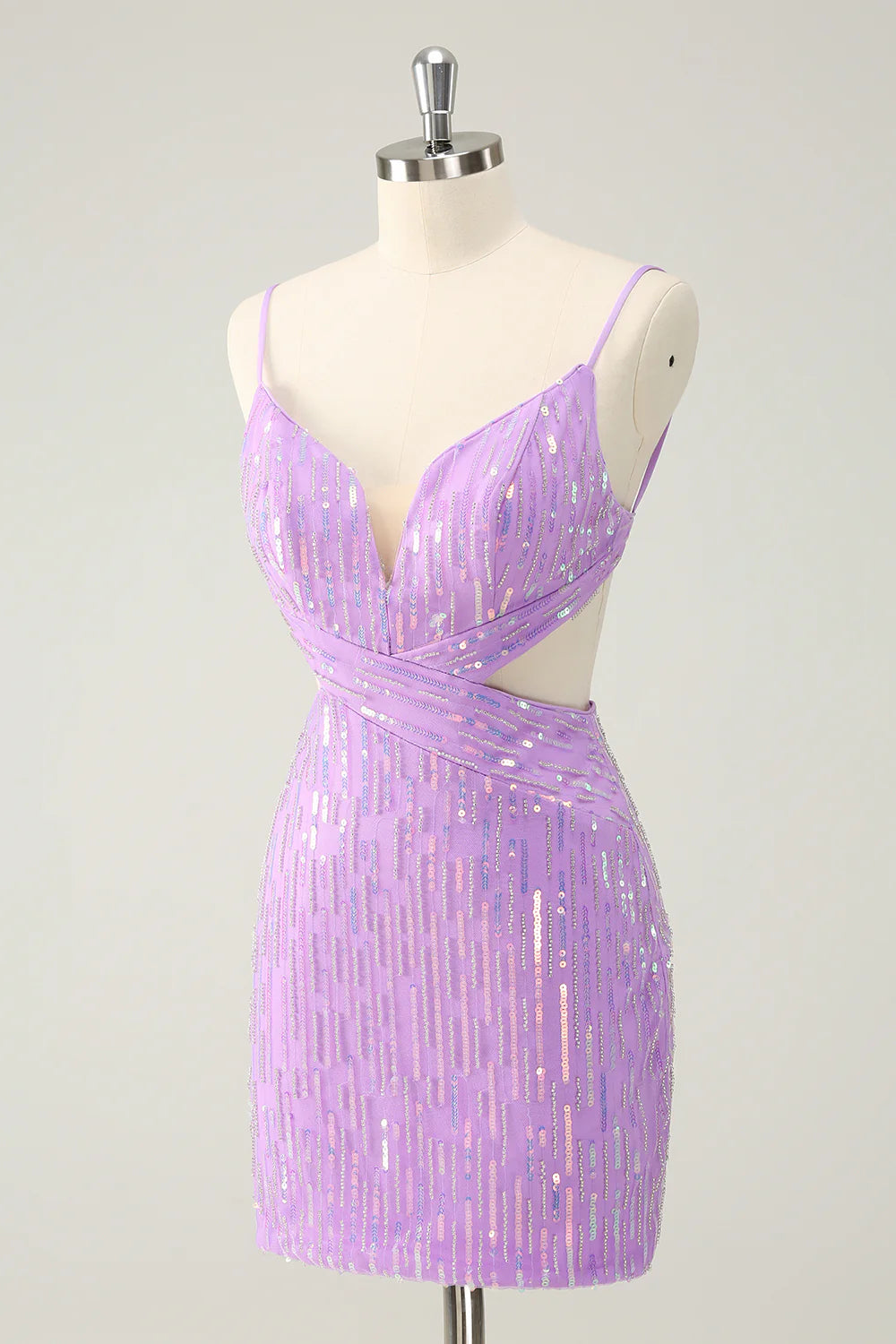 Side view of sparkling purple short homecoming dress.
