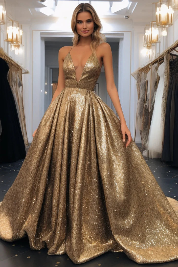 Gold Deep V-neck Sequin Prom Gown