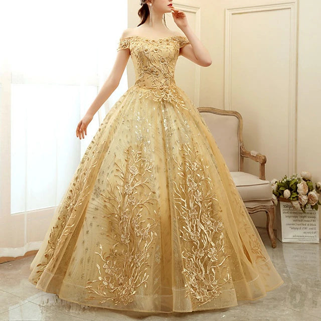 Gold Floral Embroidered Off-the-Shoulder Ball Gown Evening Dresses with Sequin Tulle Skirt