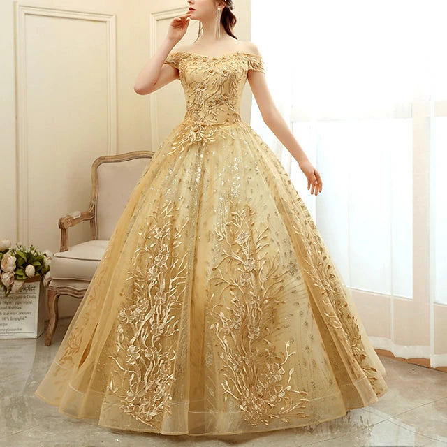 Gold Floral Embroidered Off-the-Shoulder Ball Gown Evening Dresses with Sequin Tulle Skirt