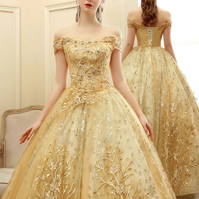 Gold Floral Embroidered Off-the-Shoulder Ball Gown Evening Dresses with Sequin Tulle Skirt
