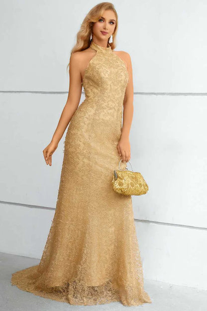 Gold Lace Halter Backless Mermaid Long Formal Dress