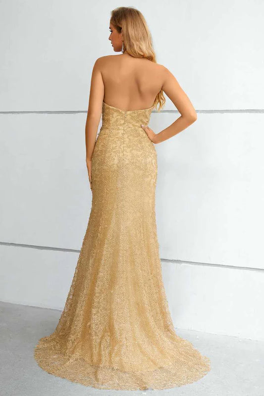 Gold Lace Halter Backless Mermaid Long Formal Dress