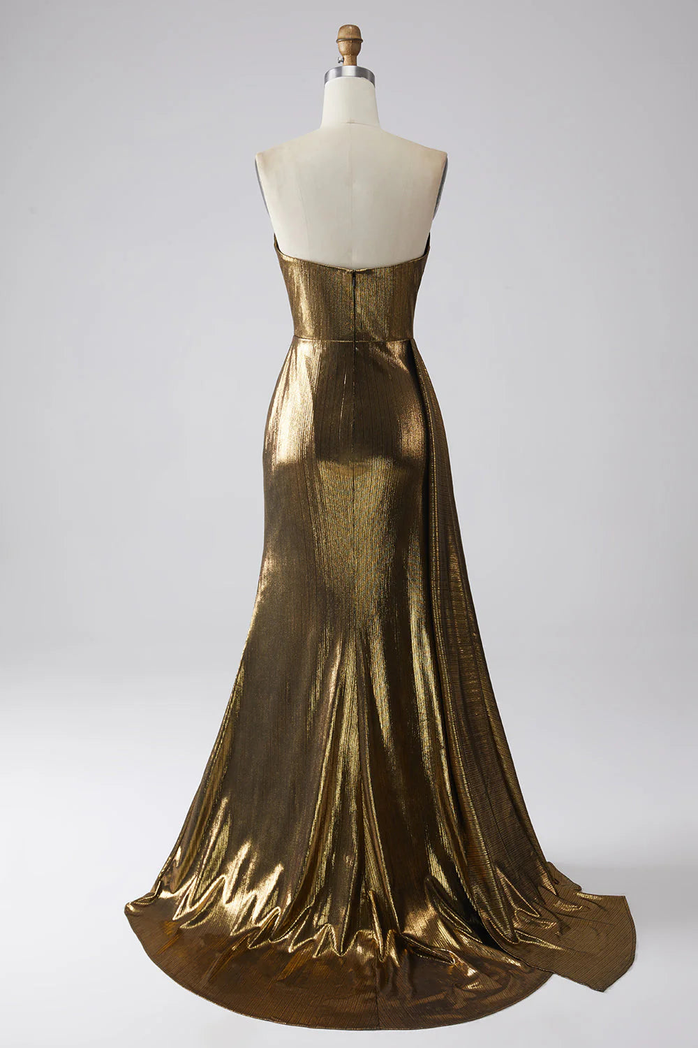 Gold Metallic Strapless Ruched High Slit Mermaid Maxi Evening Dresses
