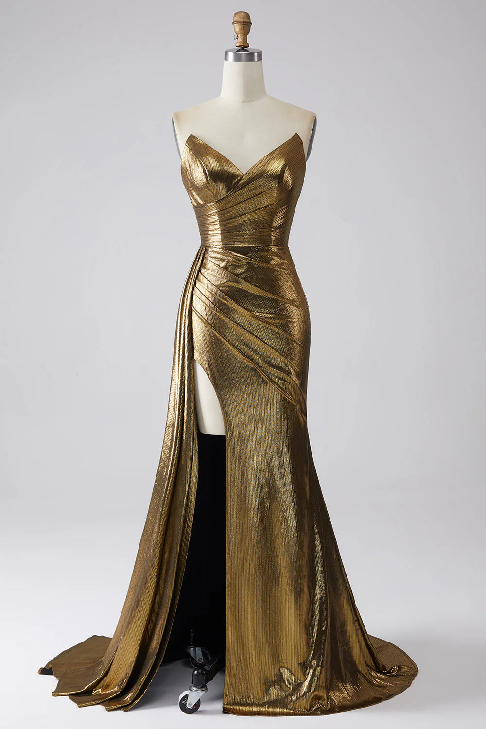 Gold Metallic Strapless Ruched High Slit Mermaid Maxi Evening Dresses