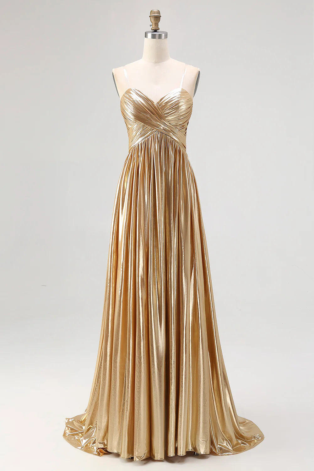 Gold Metallic Sweetheart Neck Strapless A-Line Maxi Evening Dresses
