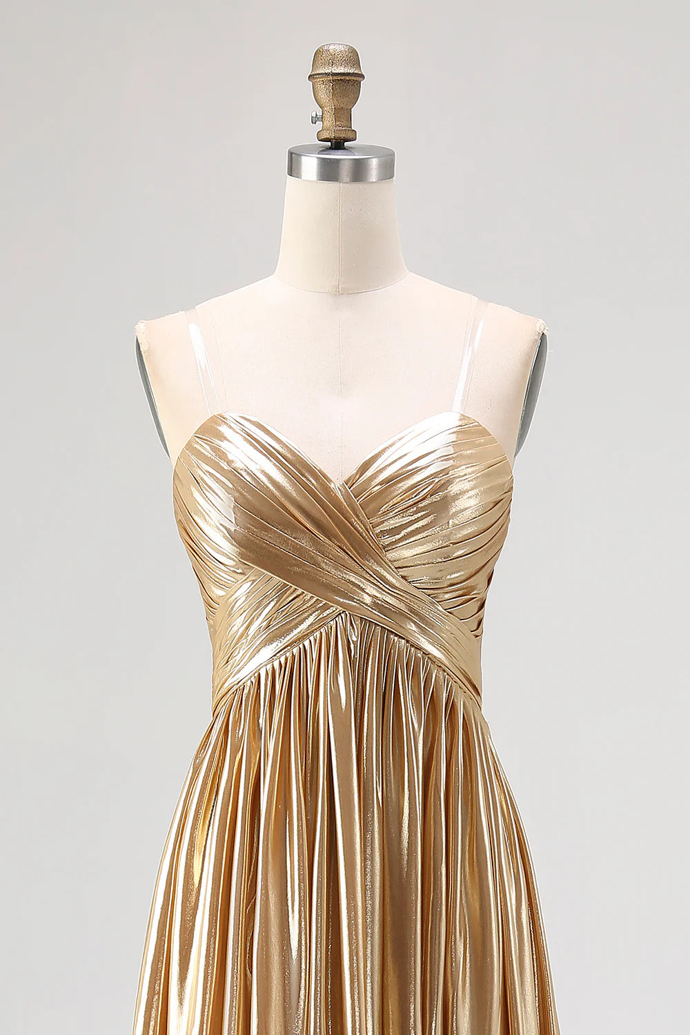 Gold Metallic Sweetheart Neck Strapless A-Line Maxi Evening Dresses
