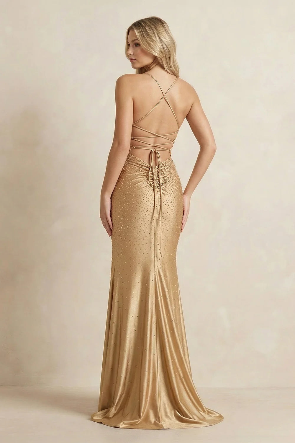 Gold Rhinestone-Embellished Lace-Up Back Evening Dresses