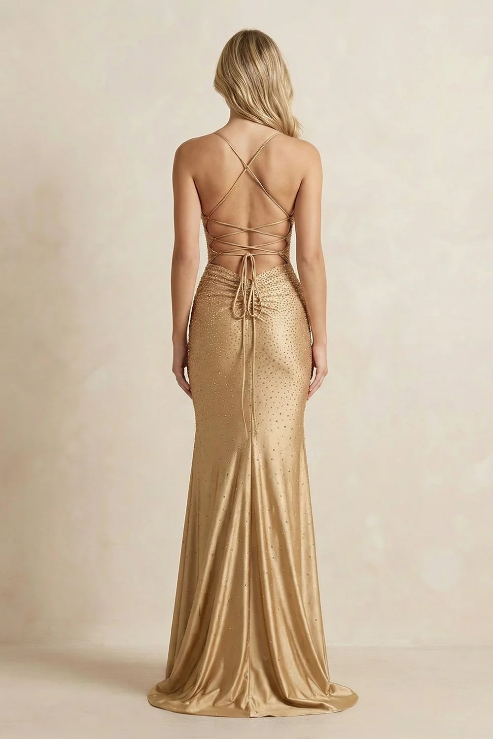 Gold Rhinestone-Embellished Lace-Up Back Evening Dresses