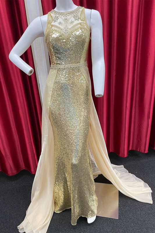 Gold Sequin Illusion Beading Long Formal Gown with Attached Train