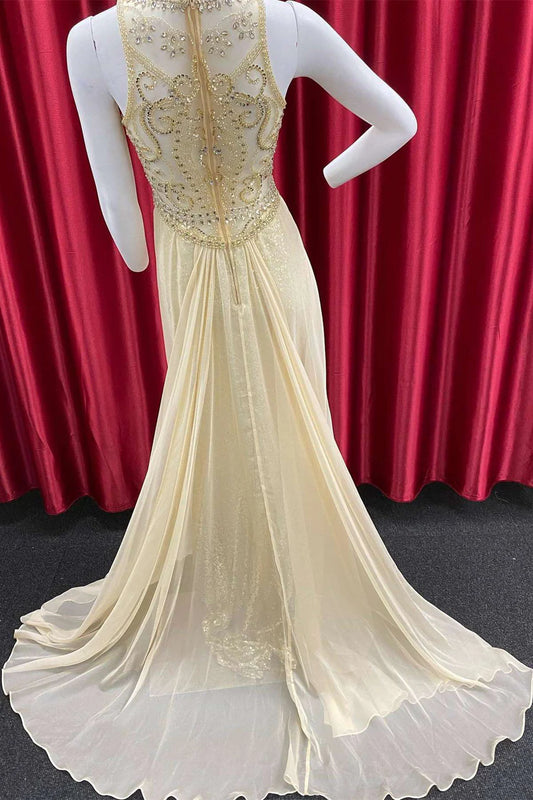 Gold Sequin Illusion Beading Long Formal Gown with Attached Train