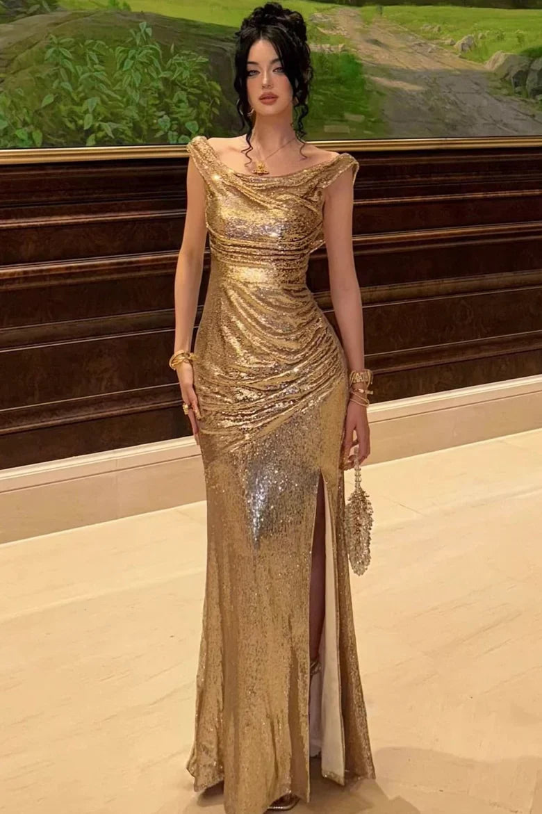 Gold Sequin Off-the-Shoulder Ruched Mermaid Maxi Dress with High Slit & Cowl Back