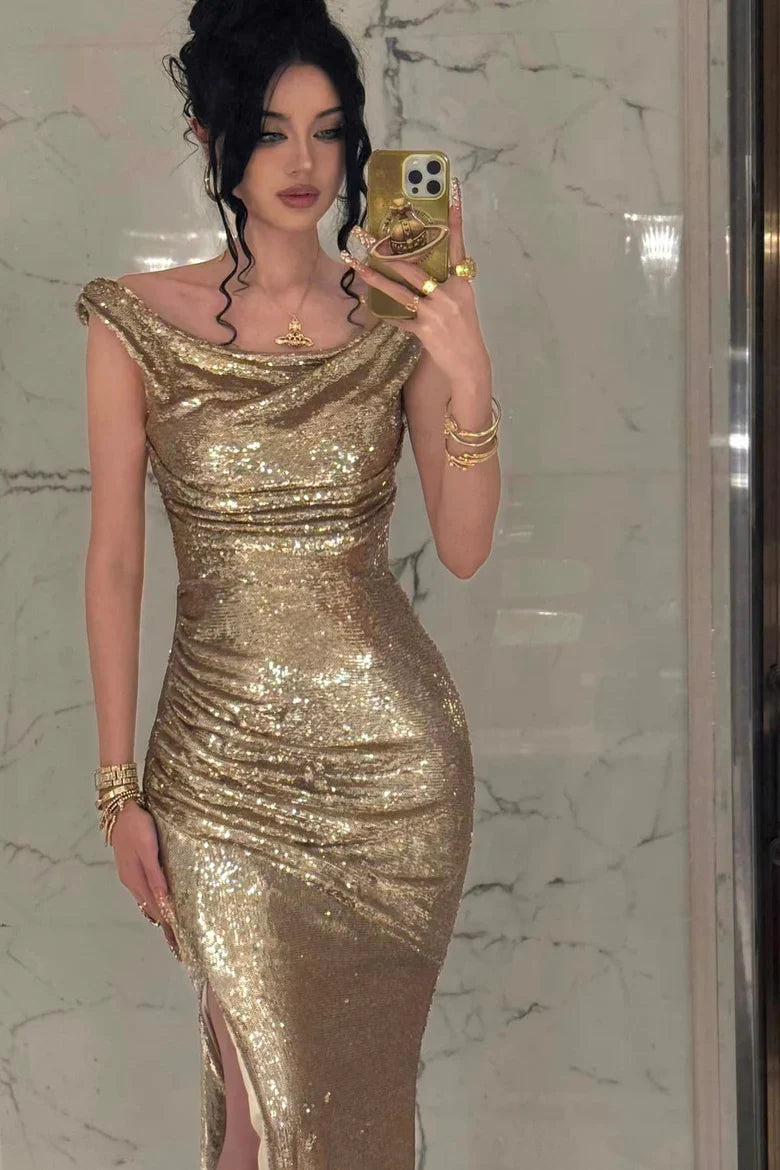 Gold Sequin Off-the-Shoulder Ruched Mermaid Maxi Dress with High Slit & Cowl Back
