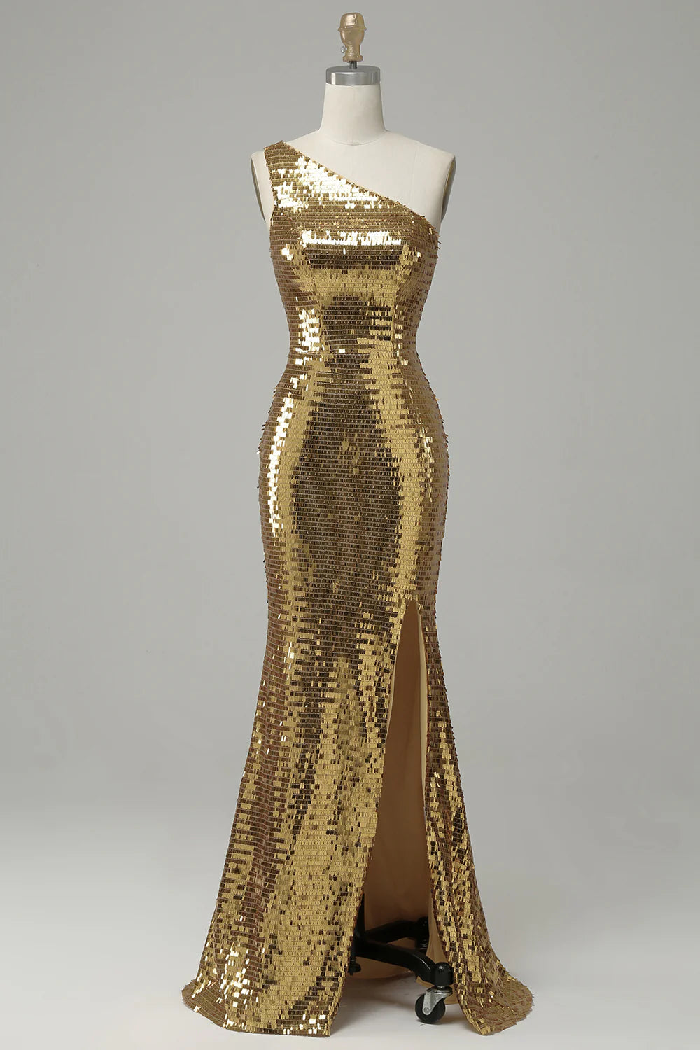 Gold Sequin One-Shoulder High Slit Mermaid Evening Dresses
