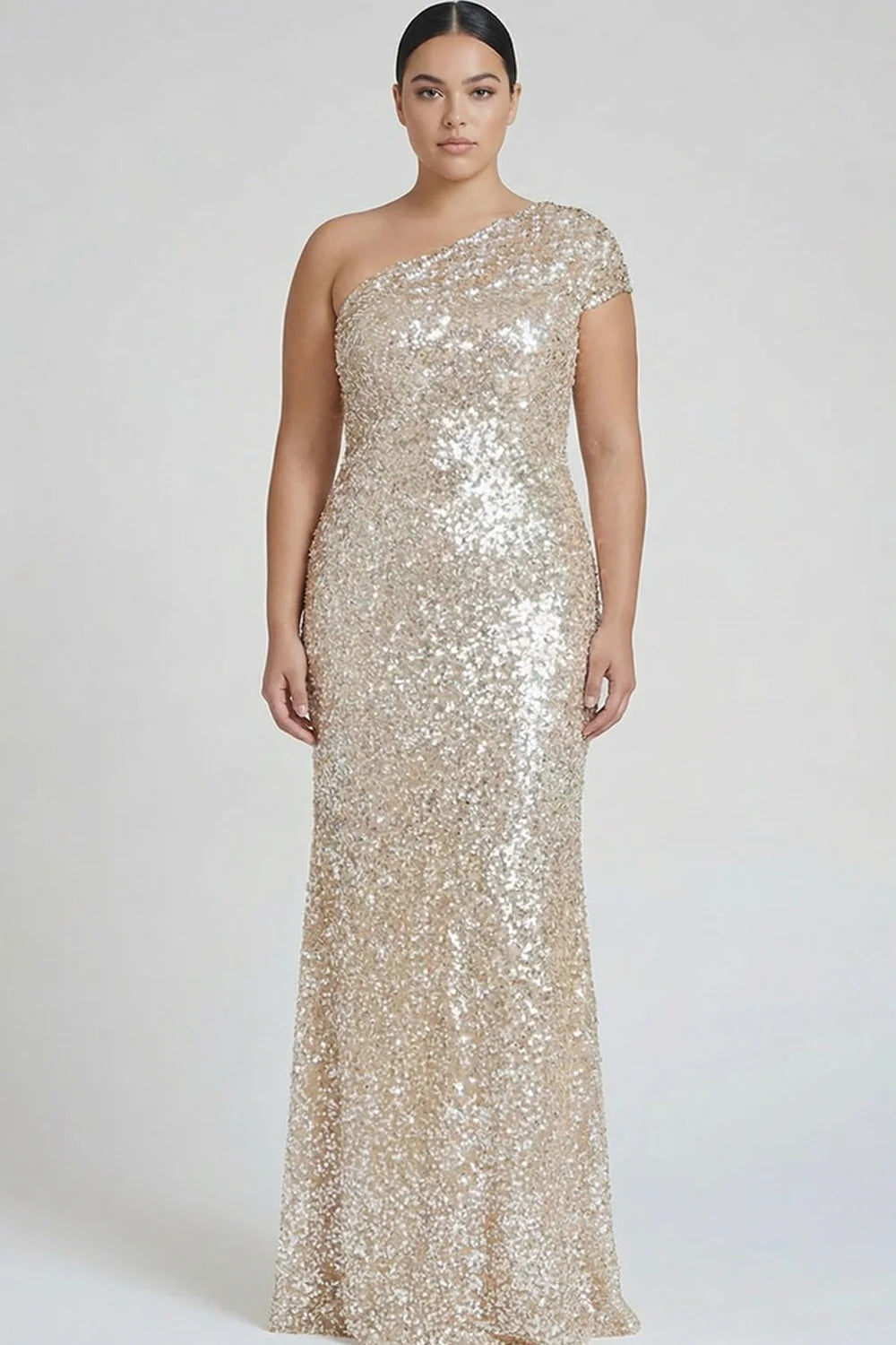 Gold Sequin One-Shoulder Mermaid Maxi Evening Dresses