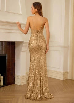 Gold Sequin Spaghetti Strap Corset Mermaid Evening Dresses