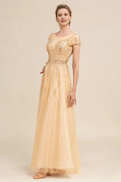 Golden A Line Beaded Mother of Bride Dress