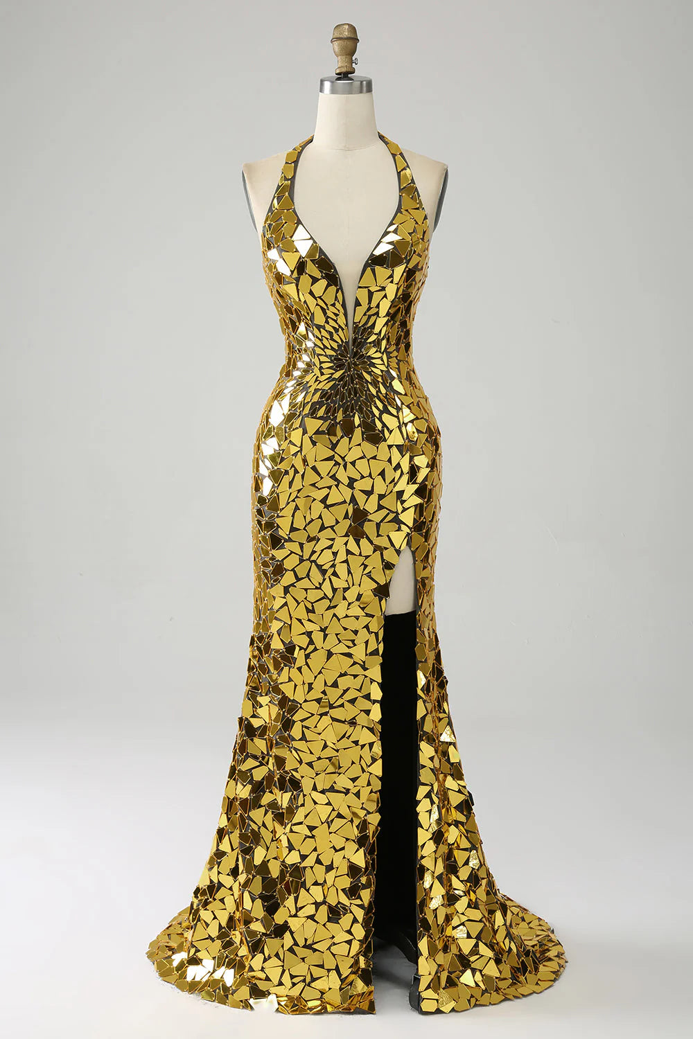 Golden Mermaid Halter Backless Mirror Prom Dress With High Slit