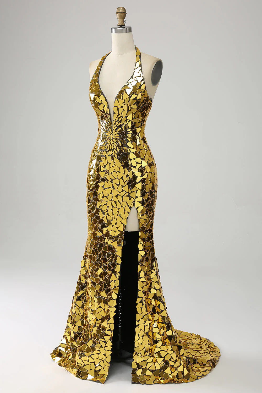 Golden Mermaid Halter Backless Mirror Prom Dress With High Slit